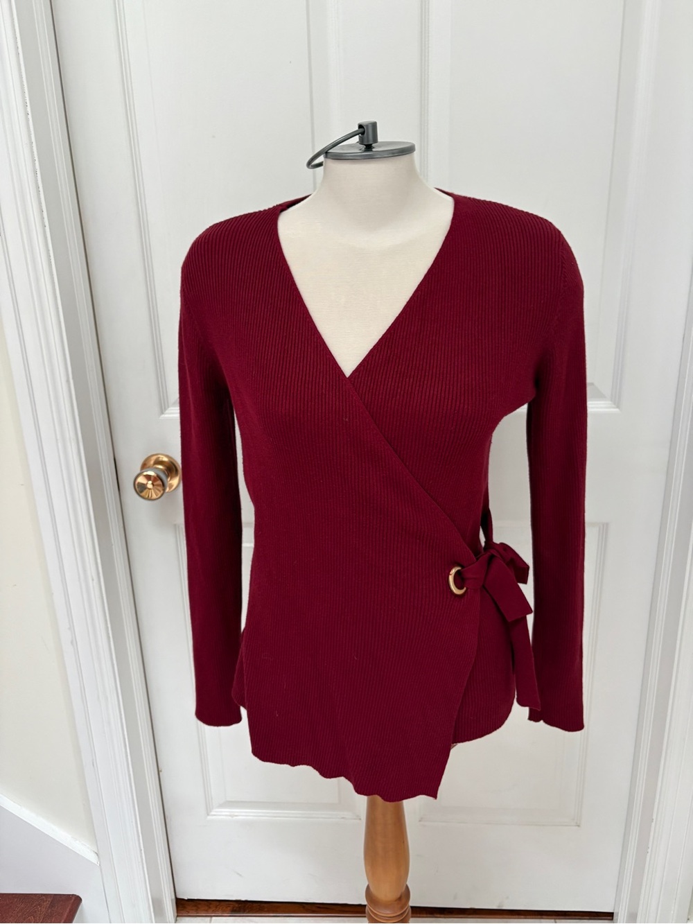 Select + Trend Women’s Ribbed V-Neck Wrap Sweater in Burgundy